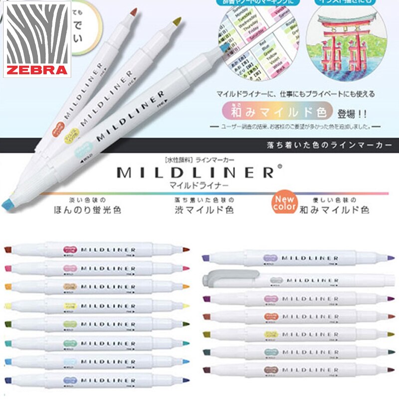 branded Zebra MildLiner Highlighter Marker Double-Sided Round Toe/Oblique Mild 15 Color for Choose Office and School Supply