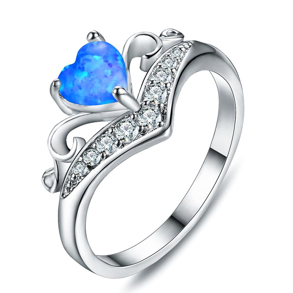 Luxury Women Sterling Silver 925 Crystal Wedding Rings White/Blue Fire Opal Heart Rings anillos: 10 / Blue