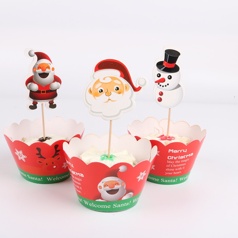 Père noël bonhomme de neige Elk Cupcakes 12 pièces emballage + 12 pièces Toppers pour le nouvel an joyeux noël fête enfants faveur Cupcakes décoration