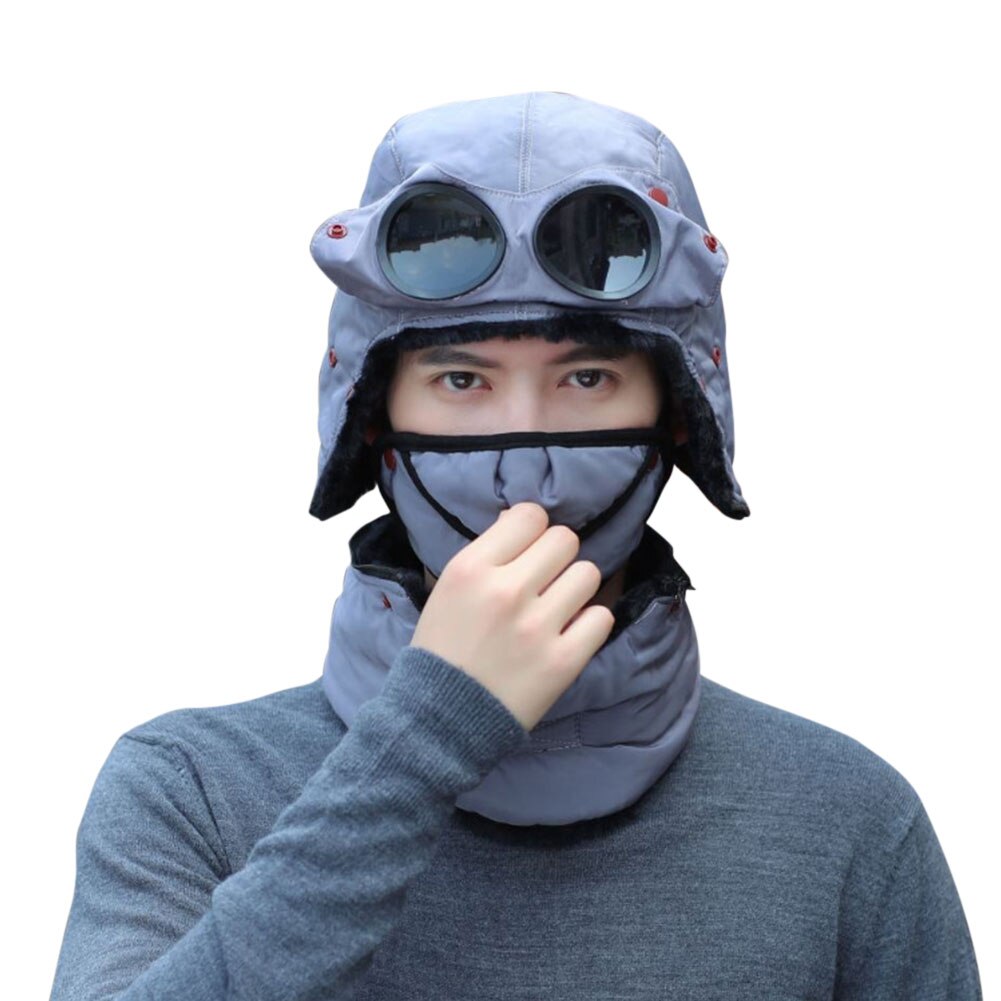 Winter Trooper Hat for Men and Women with Goggles Mask Scarf Warm Windproof Ear Flap Trapper Hat: Gray