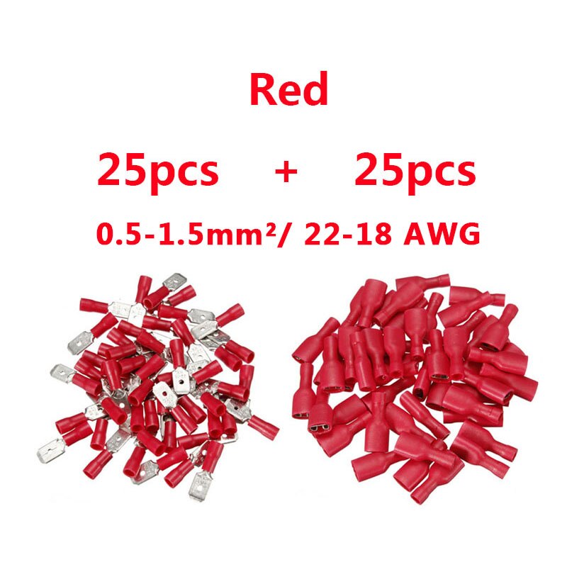 22-18 AWG 16-14AWG Vrouwelijke Mannelijke Elektrische Bedrading Connector Geïsoleerde Crimp Terminal Spade Blauw Rood: Red 50pcs 25set
