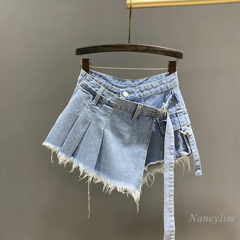 Uregelmæssig Pink Denim Nederdel Dame Sommer Høj Talje Slimming Falsk Todelt A-Line Arbejdstøj Kort Mini Nederdel
