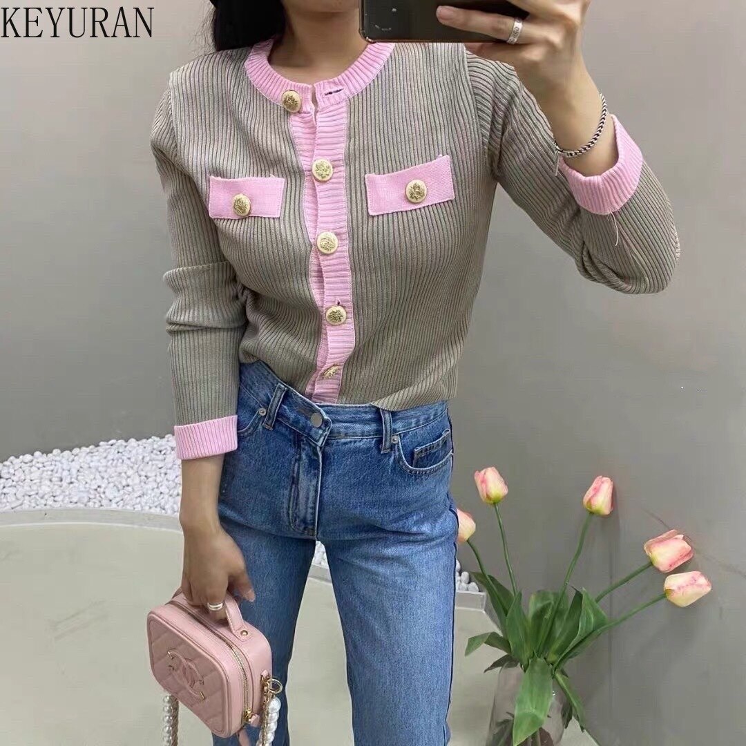 Korean Chic Women Cardigan Sweater Spring Long Sleeve Short Coat Casual Single Breasted Slim Knitted Crop Top Ladies: Khaki