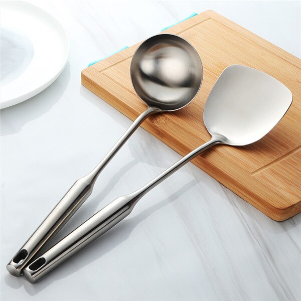Stainless Steel Spatula Soup Spoon Set Heat-resistant Non-stick Cooking Tool Long Handle Kitchen Tool Accessories 2 Pcs/Set: sliver
