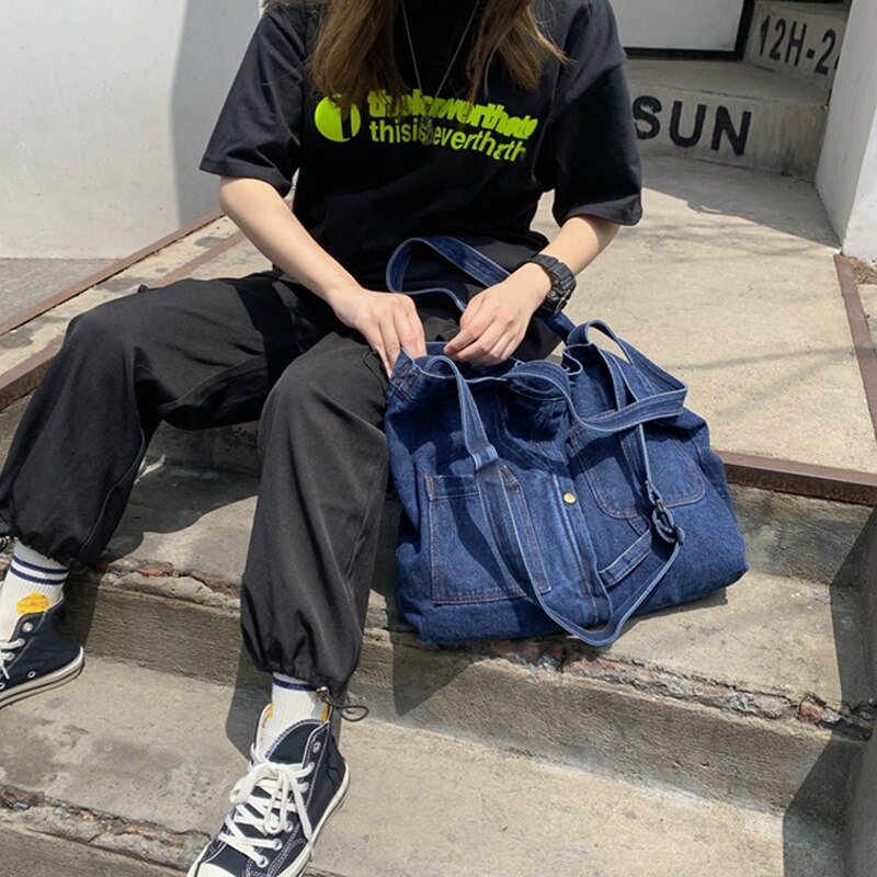 Nova rede vermelho denim bolsa de ombro mensageiro casual selvagem portátil sacola de compras lona bolsa feminina azul marinho