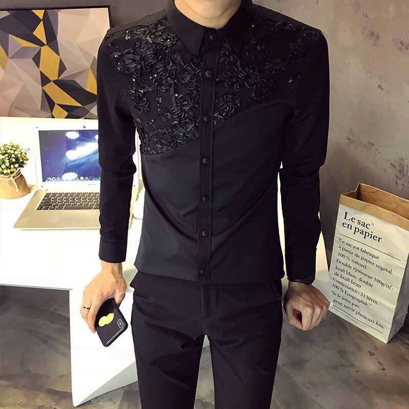 Hommes dentelle chemise concepteur mariage à manches longues chemises hommes smoking chemises Social Club fête Club noir blanc robe chemises