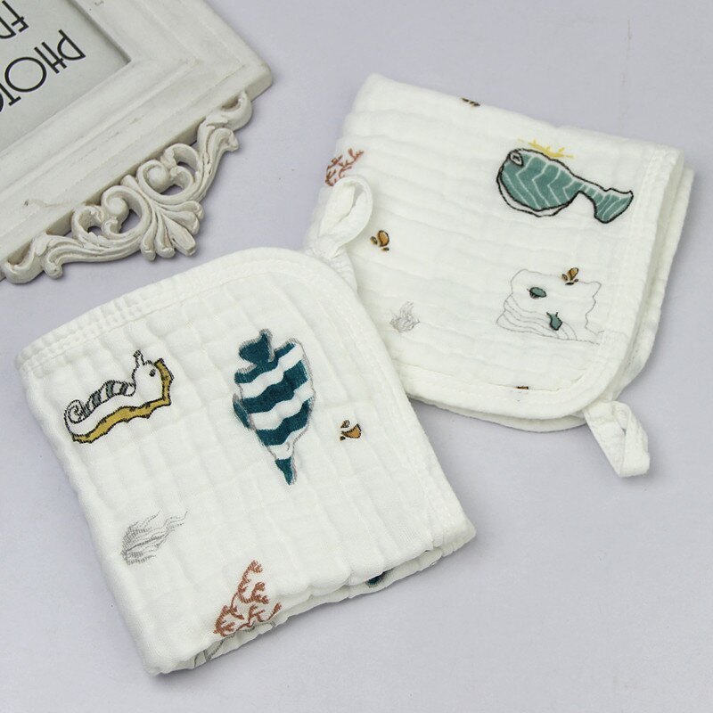 Toalla cuadrada para bebé, 6 capas de gasa, estampado de dibujos animados, Linda temperatura, lavado, arrugas, toallas faciales para Saliva, para bebé, borde, hebilla colgante: Seahorse 1pc