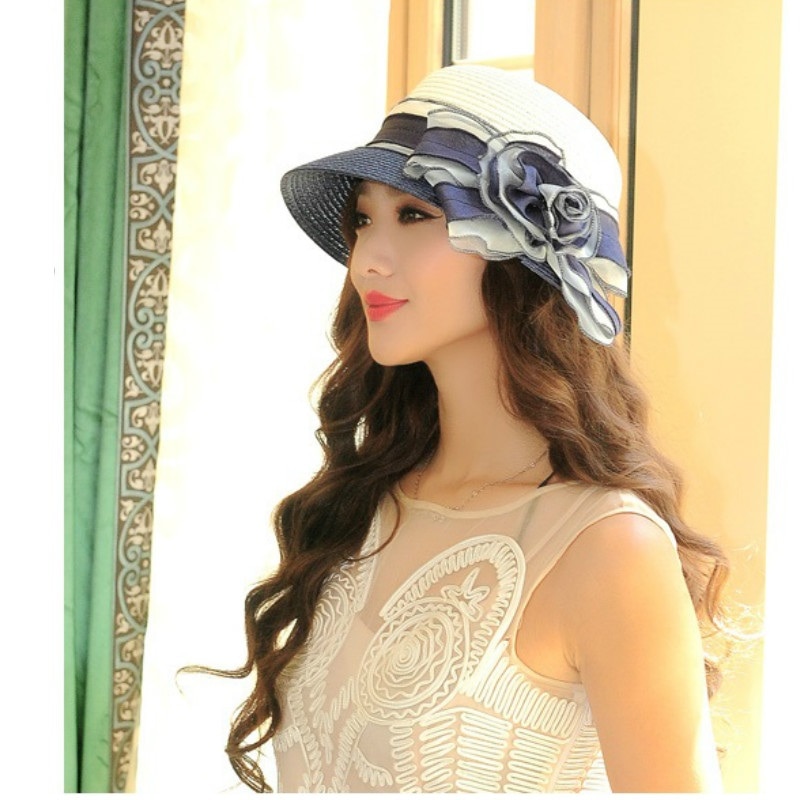Girls Summer Hat Straw Sun Hat Lady Outside Beach Hats Ladies Large Brim Sun Flower Cap Foldable Female Summer Sun Cap B-7705