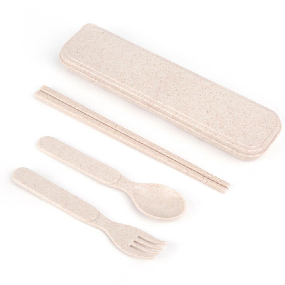 3 Stks/set Vork Lepel Servies Sets Reizen Bestek Draagbare Bestek Case Japan Stijl Student Tarwe Stro Keuken Servies: beige