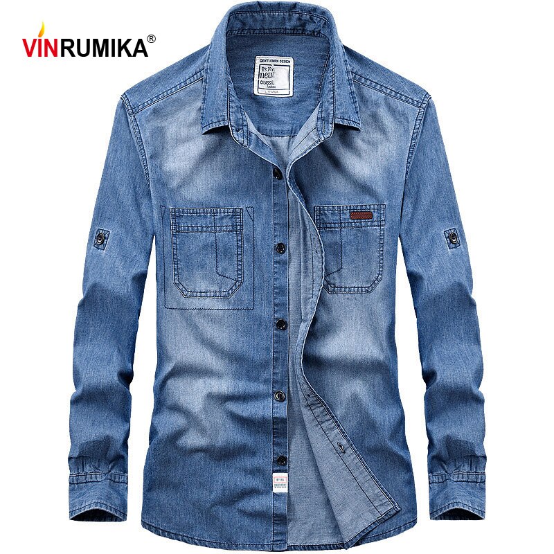 Vår europeisk herr casual stil cowboy svart skjorta man höst 100%  bomull klassisk denim blå långärmade skjortor