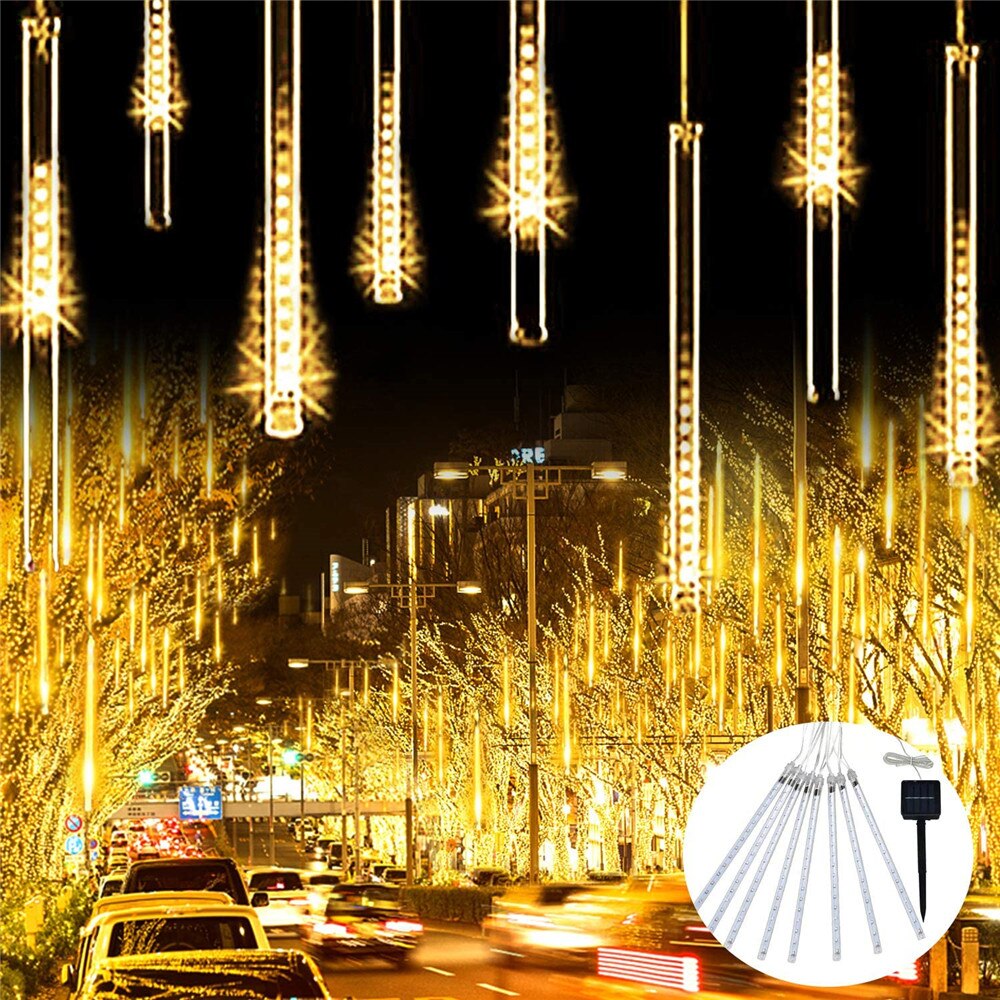 Guirlande lumineuse solaire à led avec pluie de météores et glaçons pour noël, idéale pour une fête, une décoration de patio ou de maison: Blanc chaud / 30cm 144 leds