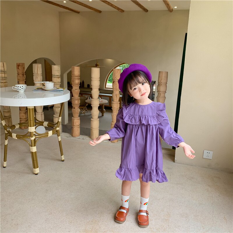 Autumn Girls Solid Long Sleeve Dress Kids Korean Dress: Purple  / 4T