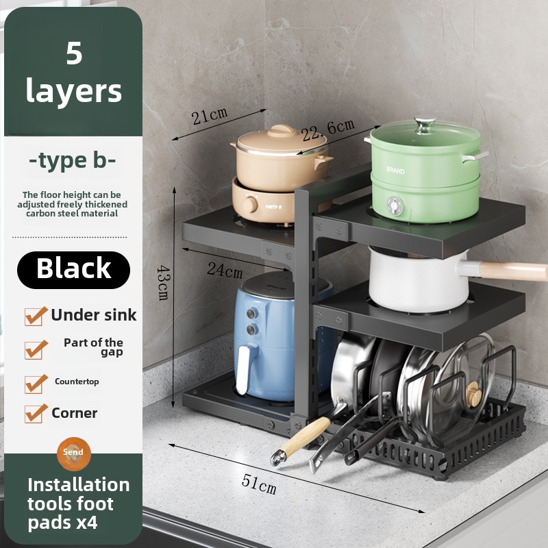 Mehrschichtiges Küchenregal unter der Spüle, Schrank, Topfregal mit mehrschichtigem Lagerregal, auf der Arbeitsplatte genähtes Topfdeckelregal: Blau