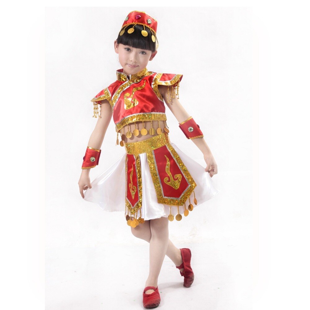Children's Ballroom Costumes Mongolian Dance Clothing Tibetan Mongolia Dance Costume Chinese Folk Dance Skirt with Headress