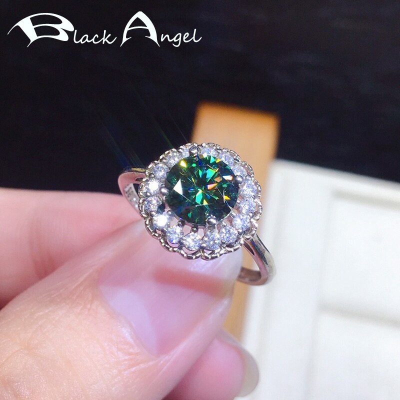 Black Angel 925 Zilveren Bloem Vormige Luxe Gemaakt Groen Blauw Moissanit Edelsteen Resizable Ring Voor Vrouwen Sieraden Huwelijkscadeau