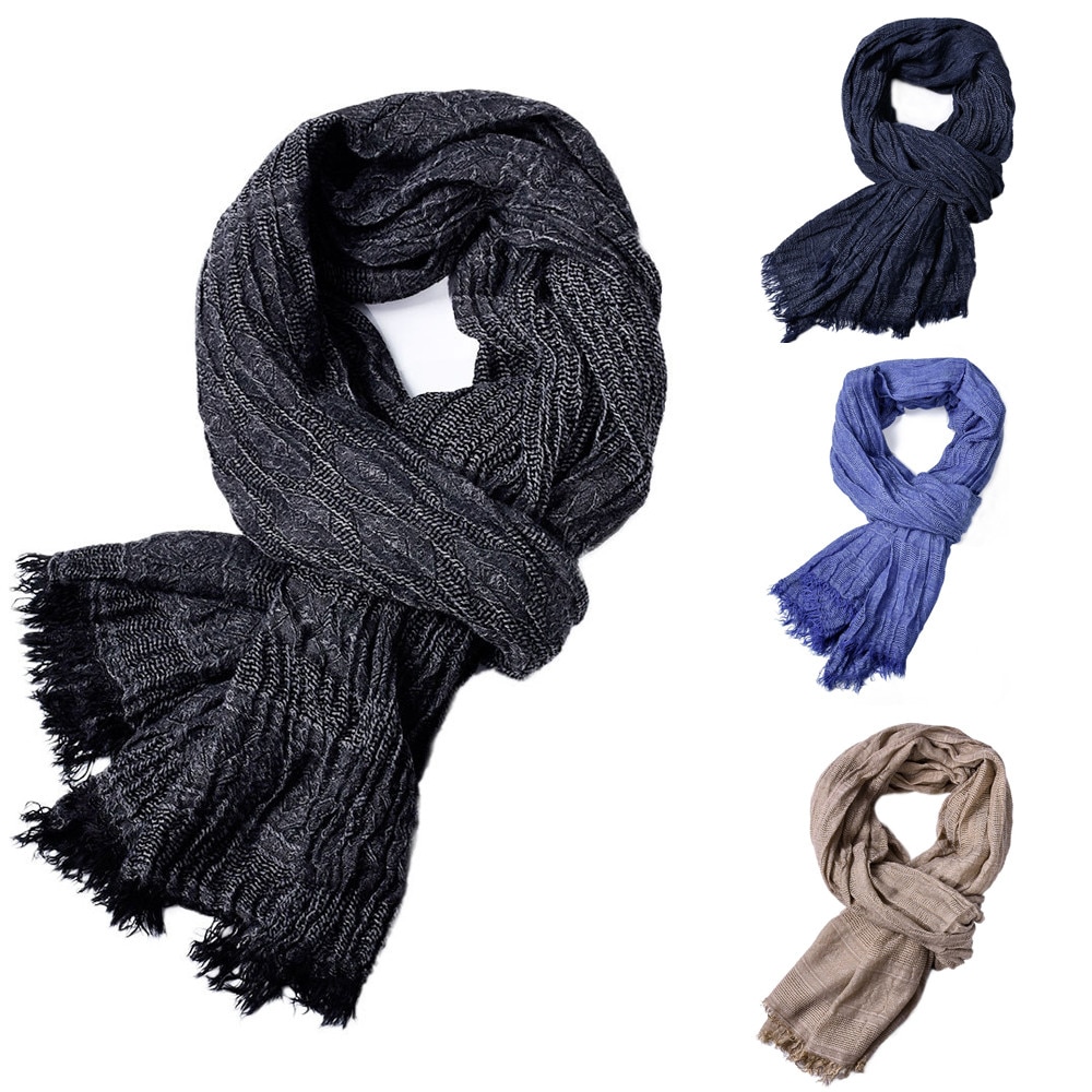 KLV 1 Pza invierno hombres bufanda chal clásico flecos algodón mezcla borla de Color sólido largo suave cálido bufanda negro, azul marino, azul, caqui z1009