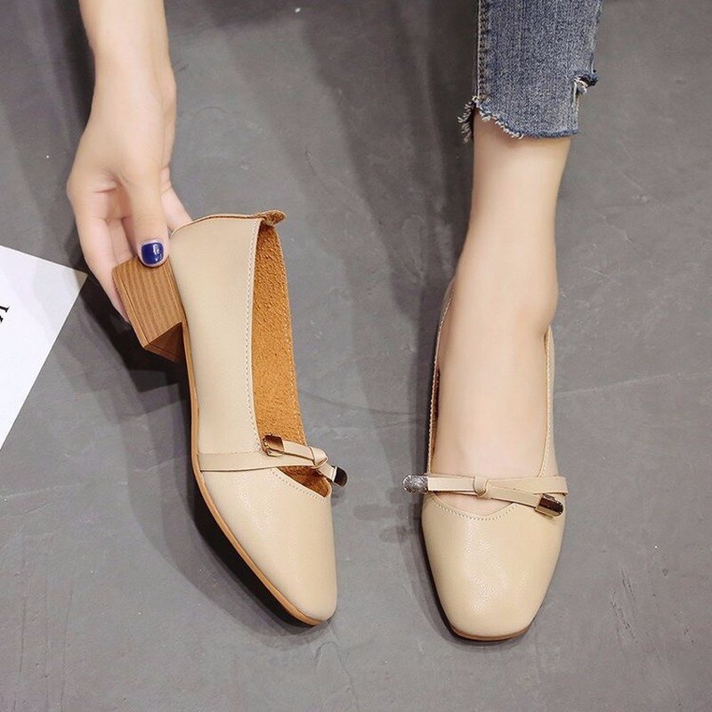 Vår höst fritidsskor rosett knut fyrkantig mellanklack kvinnor skor kvinna slip on rund tå dam skor plus size