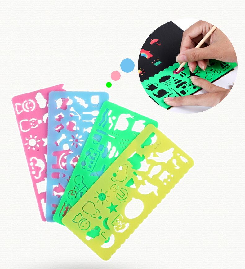 50 Pcs Rainbow Magic Scratch Papier Kit Voor Kids Black Krabben Off Art Ambachten Notities Met 5 Houten Stylus en 4 Stencils Diy