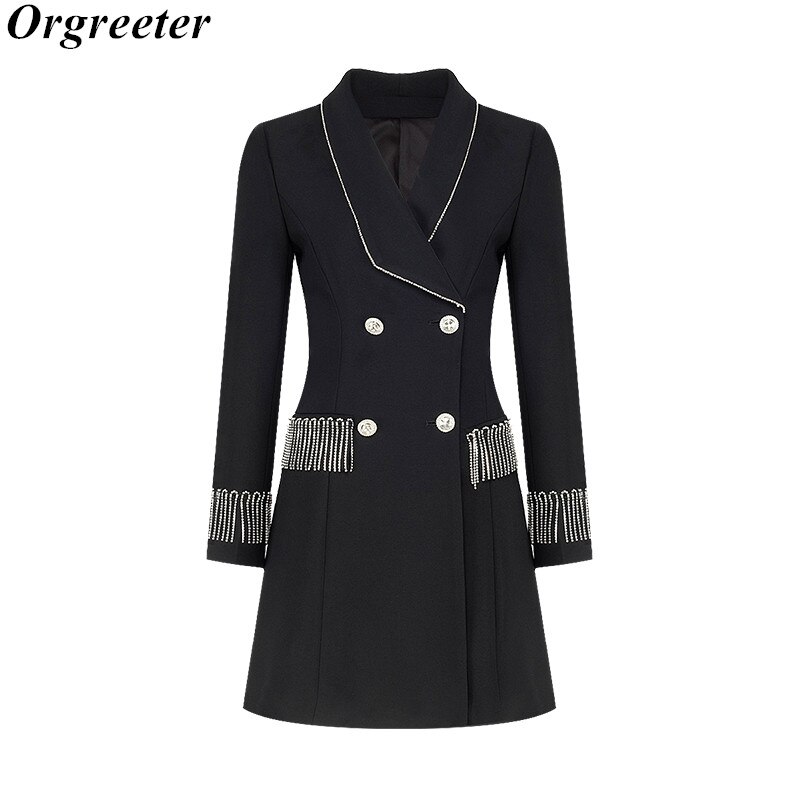 Blazerjurk herfst dubbelrijs lange mouw britse stijl trenchcoat dames kantoor dame kwast ketting deco effen bovenkleding
