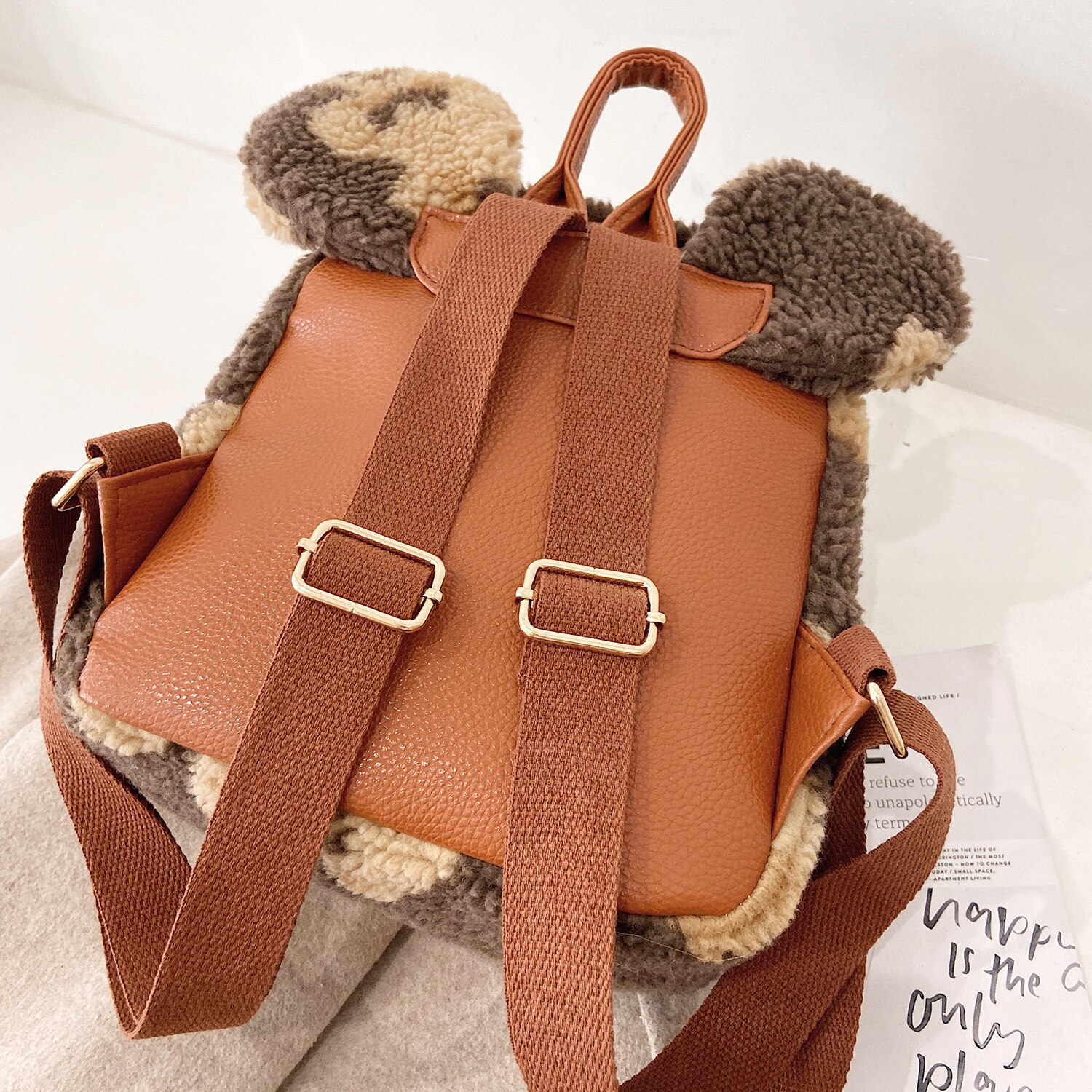 Urso impressão de pele do falso ombros saco urso orelhas de pelúcia mochila feminina bonito peludo saco novo inverno sacos para as mulheres 2022 novo