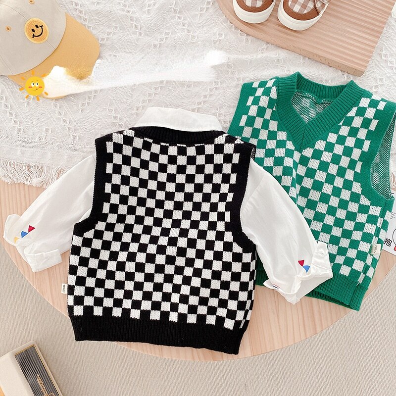 Ropa para niños 1160B, chaleco de punto a cuadros con cuello en V, suéter informal bonito para niño, Tops a cuadros para niña 2022