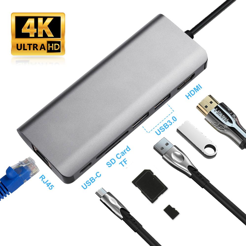 Keskitinsovitin usb c hub type -c 3.0 usb-c to hdmi 4k sd/tf kortinlukija pd lataus gigabit ethernet-sovitin macbook pro hubille: 7 in 1