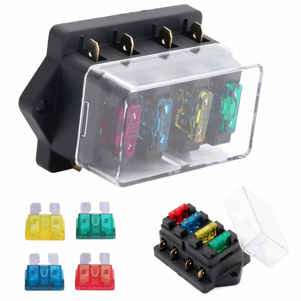 12V/24V 4 Way Car Truck Auto Blade Fuse Box Holder Circuit Standard ATO +4X Fuse