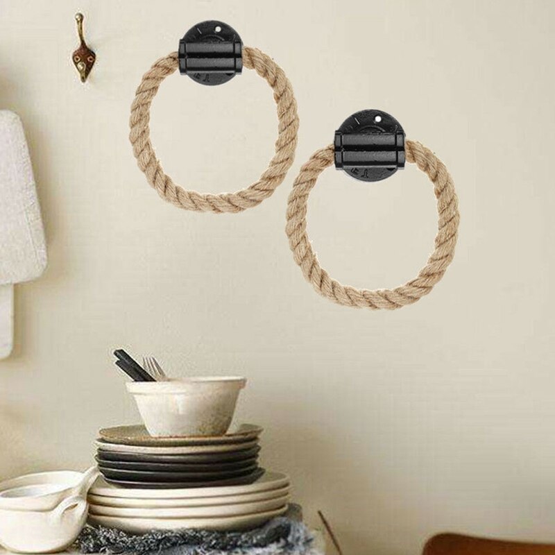 Vintage handdukshängare ring industriell stil väggfäste handdukshållare järnrör hampa rep badrum toalett hem hotell dekoration