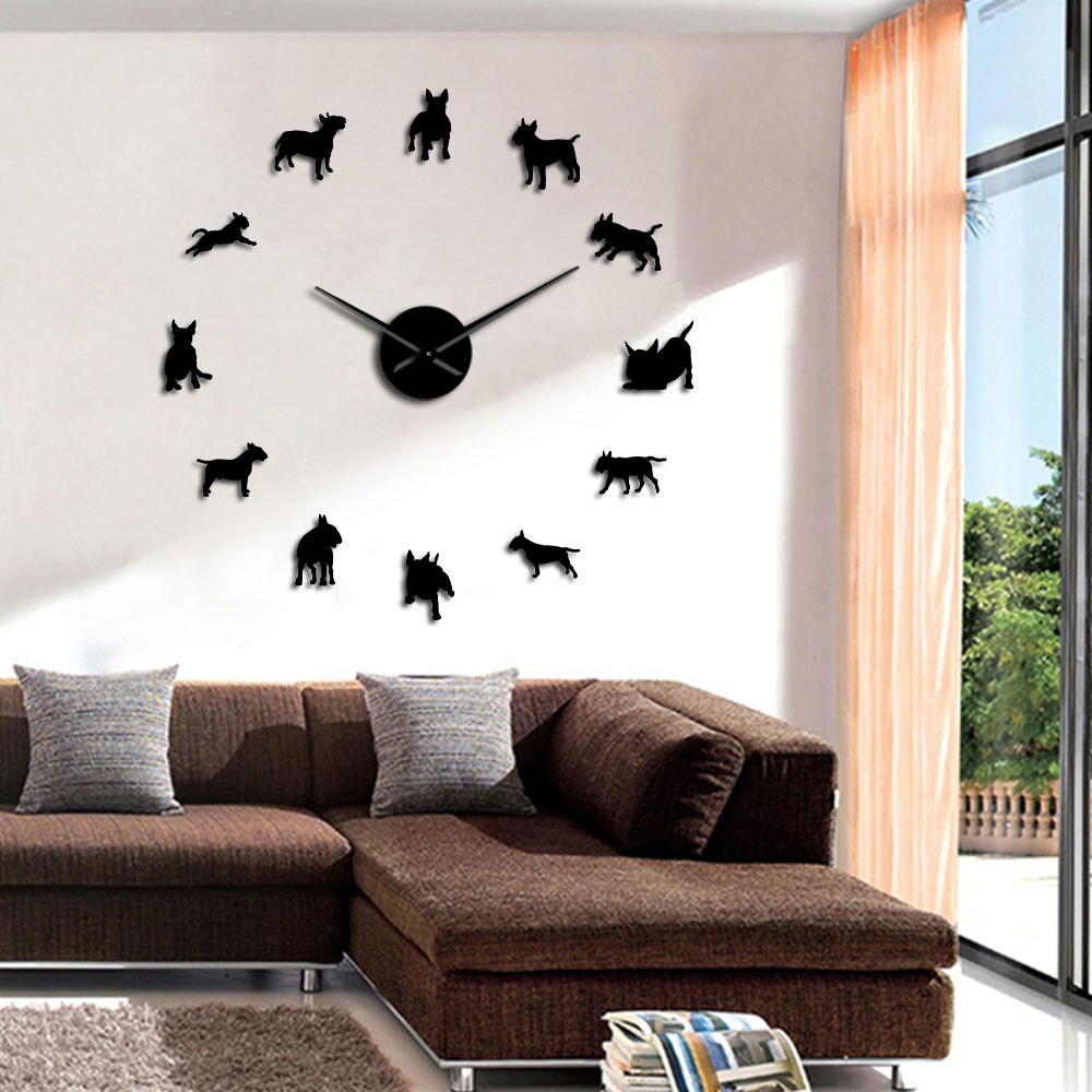 Horloge murale pour chien Bull Terrier, grande horloge murale, grande aiguille, décoration d&#39;animalerie, pour les amoureux des Bull Terrier, carlin