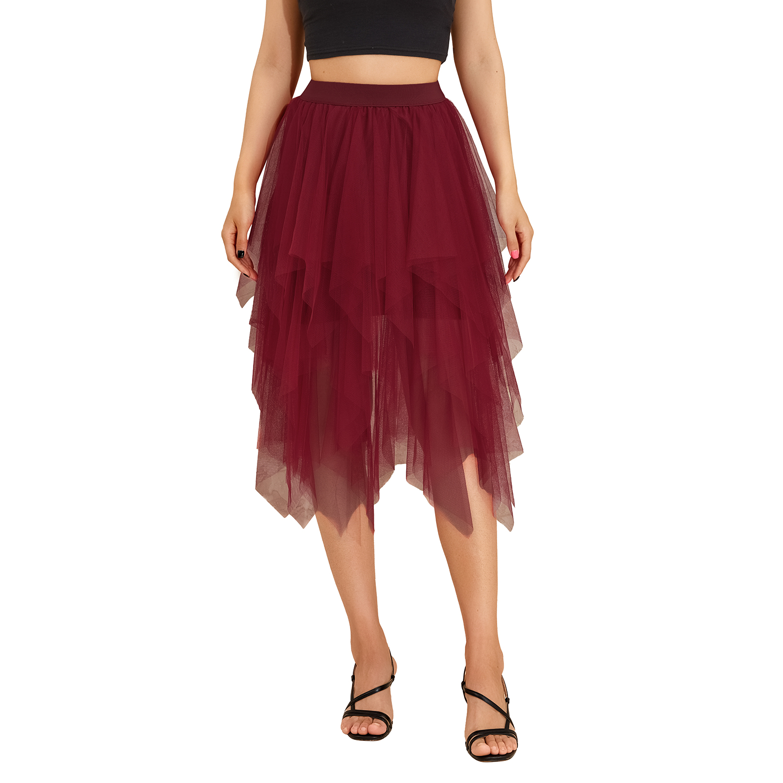 Solid Color Irregular High Waist Tulle Mesh Skirt Women Summer Party Petticoat Ball Gown Skirts