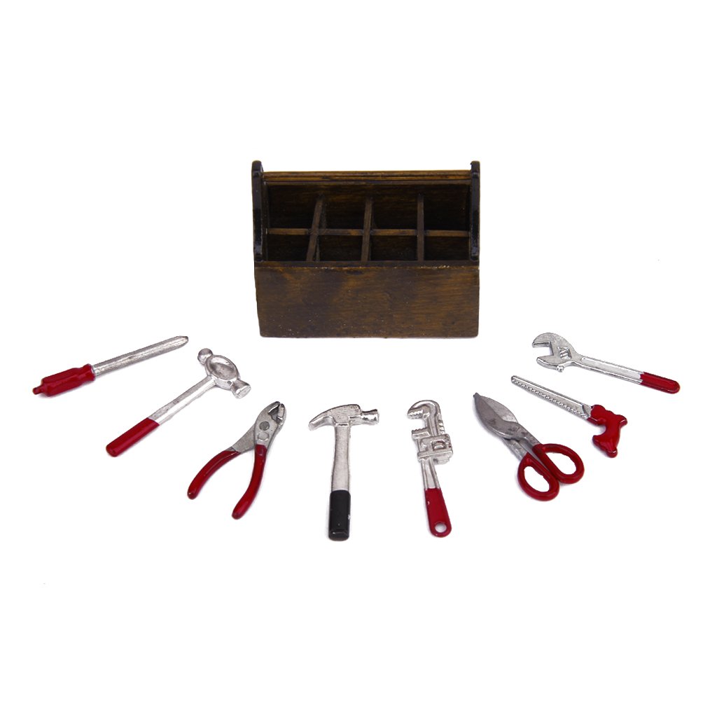 1/12 Dollhouse Miniature Wooden Box with Metal Tool Set