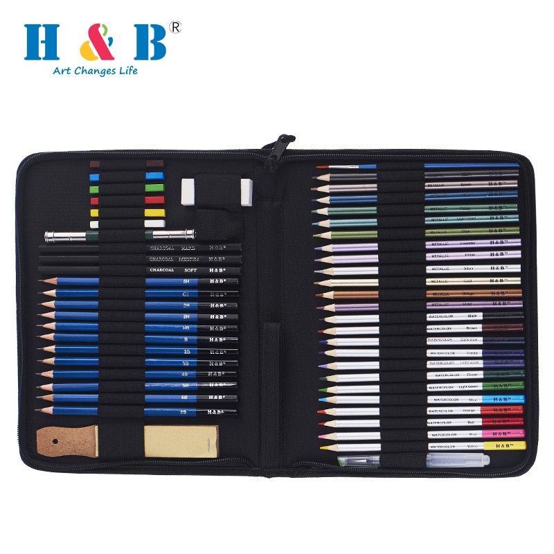H&B 51pcs/set Drawing Kit Wood Pencil Sketching Pencils Art Sketch Painting Supplies with Carrying Bag