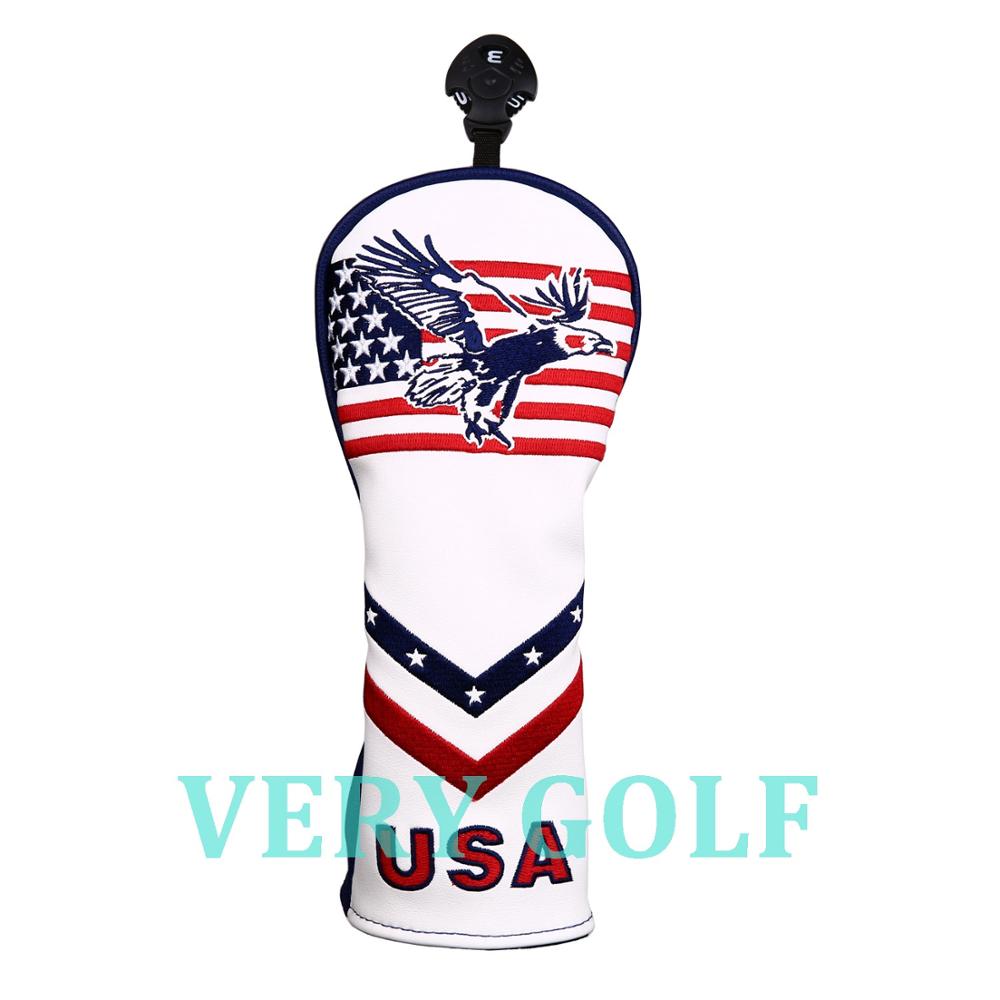 1pc clube de golfe fairway madeira cabeça capa de couro do plutônio com eua estrelas & tiras e águia bordado fw headcover sem tag 3 5 7 x