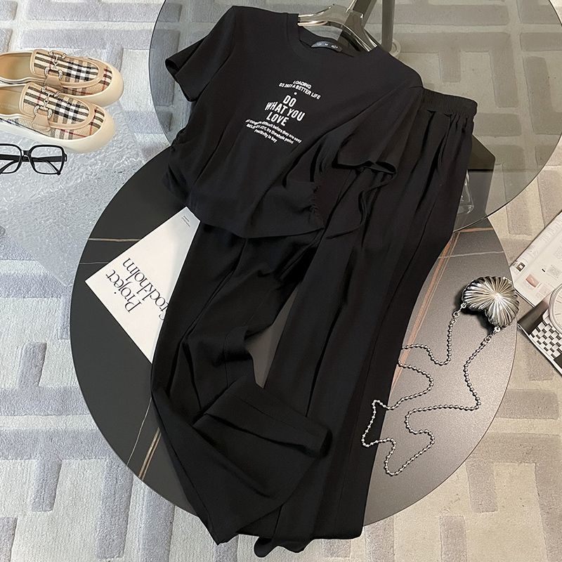 Summer casual sports style spicy girl sexy short sleeved top+fashionable wide leg pants two-piece set: M / black