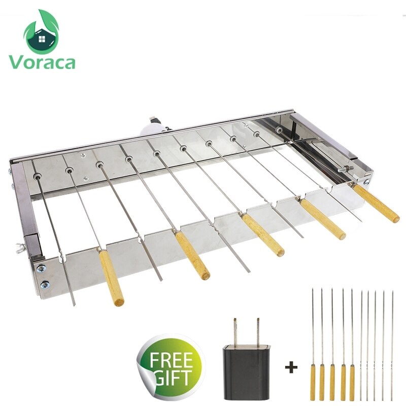 Grille de Barbecue à retournement automatique, avec 10 autocollants de BBQ, largeur réglable, étagère en acier inoxydable, 10 trous, outils de roulement de brochettes
