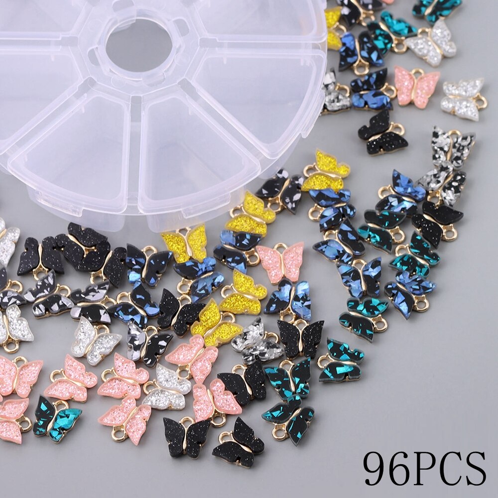 96 Teile/los Shiny Acryl Schmetterling Bunte Charms Schmuck Zubehör Mit Freies Box Für DIY Machen Ohrringe Armbänder Halsketten