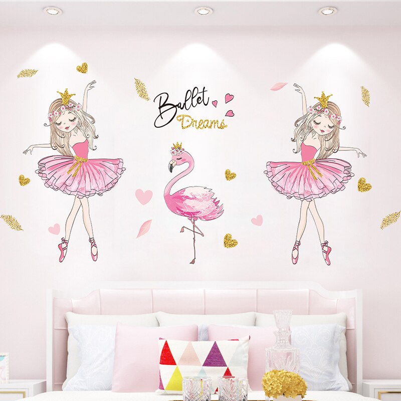 Cartoon Girl Dancer Wall Stickers DIY Flamingo Animal Wall Decals for Kids Rooms Baby Bedroom Home Decoration