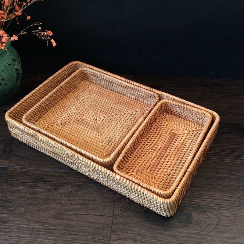 Rotting serveringsbrickor vävd bröd förvaring korg korg tallrik hanterar frukost dricka mellanmål soffbord frukt arrangör display