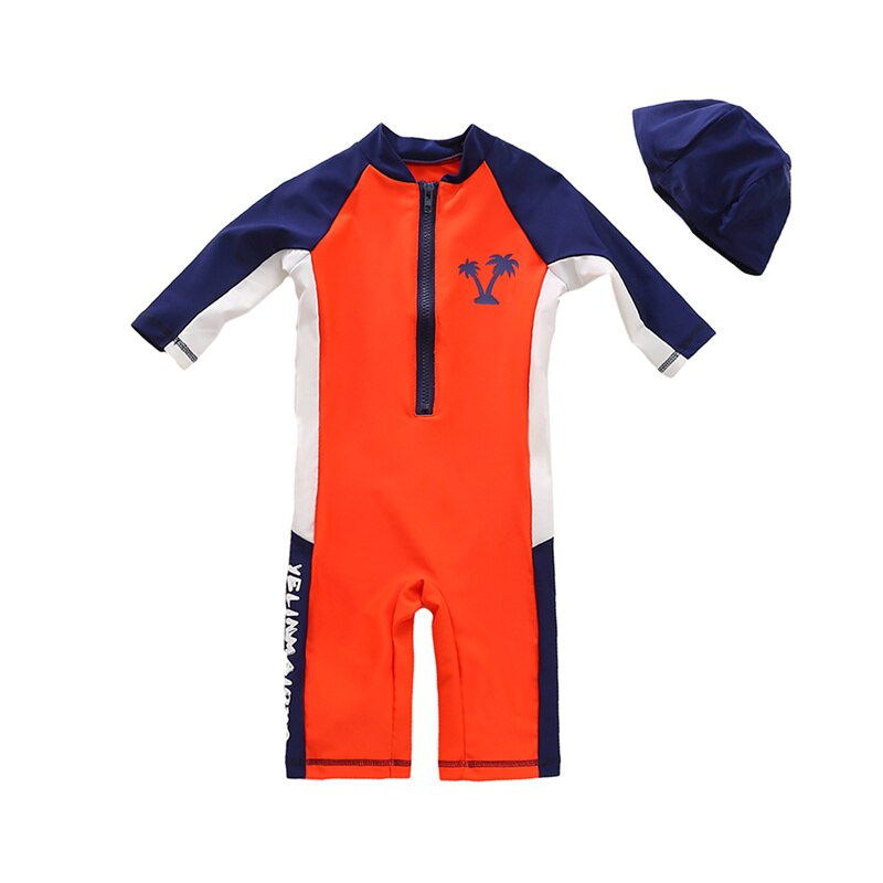 Maillot de bain à la pour enfants garçons, ensemble 2 pièces, imprimé cocotier, col en v, manches longues, combinaison une pièce + casquette de couleur unie pour enfants