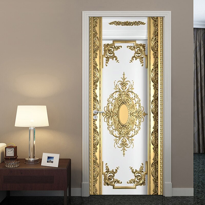 Self-Adhesive Door Sticker European Style Luxury Gold Carvings Wallpaper Living Room Bedroom Poster Mural Pvc Waterproof Sticker