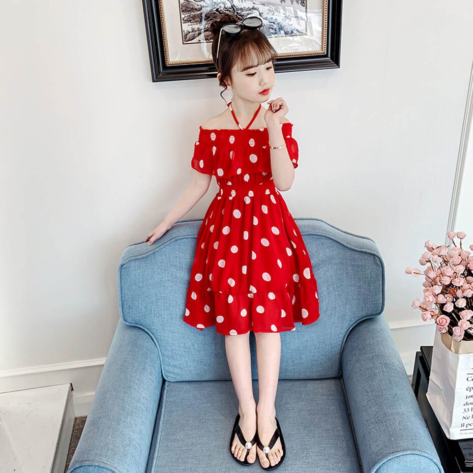 Vestito Da estate Della Ragazza Grande Dot Dress Per La Ragazza Shoulderless Vestito Da Partito Del Bambino Coulisse Abbigliamento Per Bambini 6 8 10 12 14