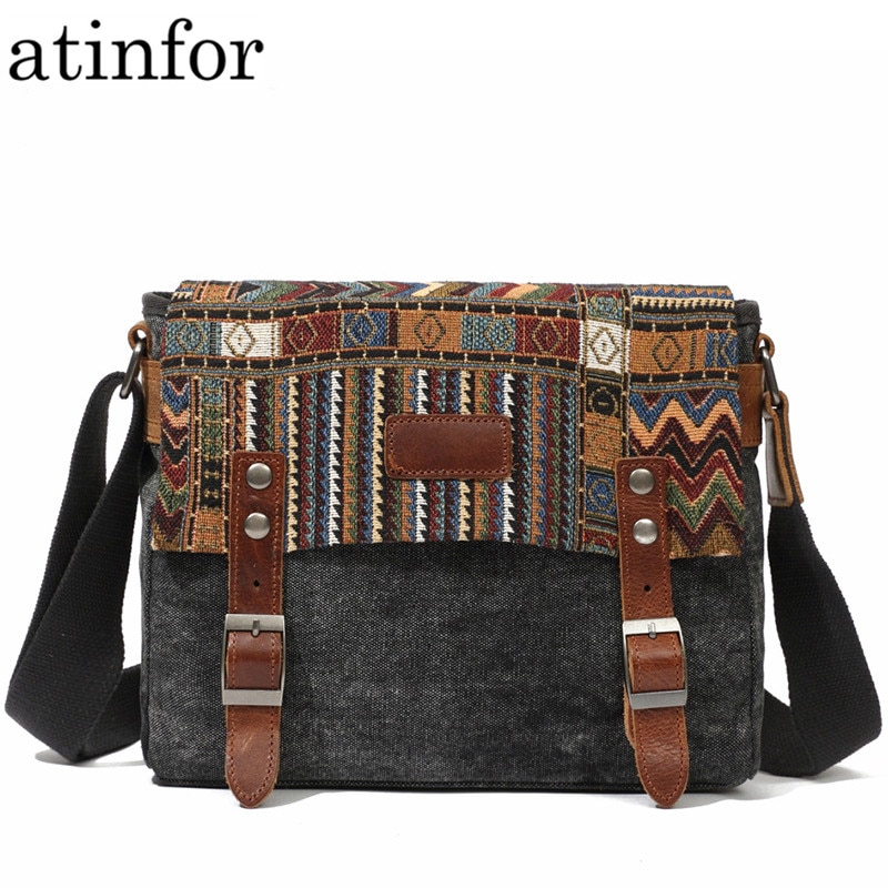 Etnische stijl Vintage Canvas Messenger Bags Mannen Vierkante Gesp Kleine Crossbody Tassen voor vrouwen Hanbags