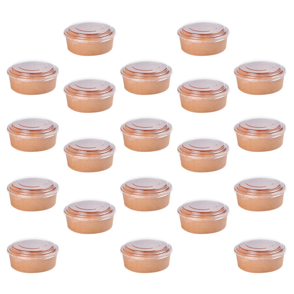 20pcs Disposable Kraft Paper Bowls Fruit Salad Bowl Food Packaging Containers Party Favor (16oz, with Lid)