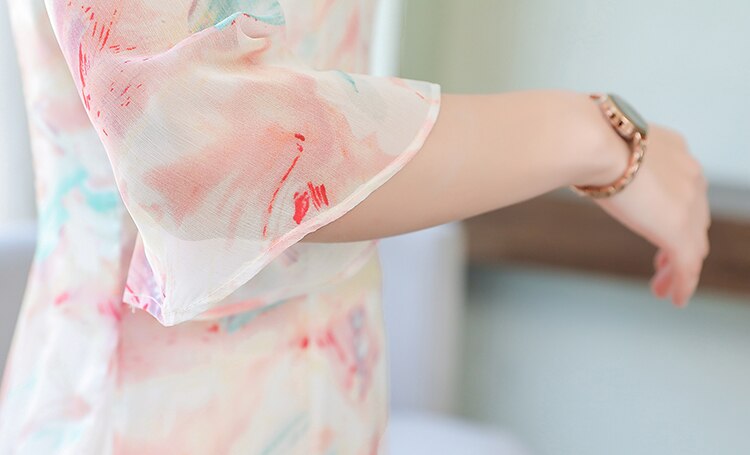 Letni nadruk z szyfonu qipao długie wietnamskie sukienki Aodai