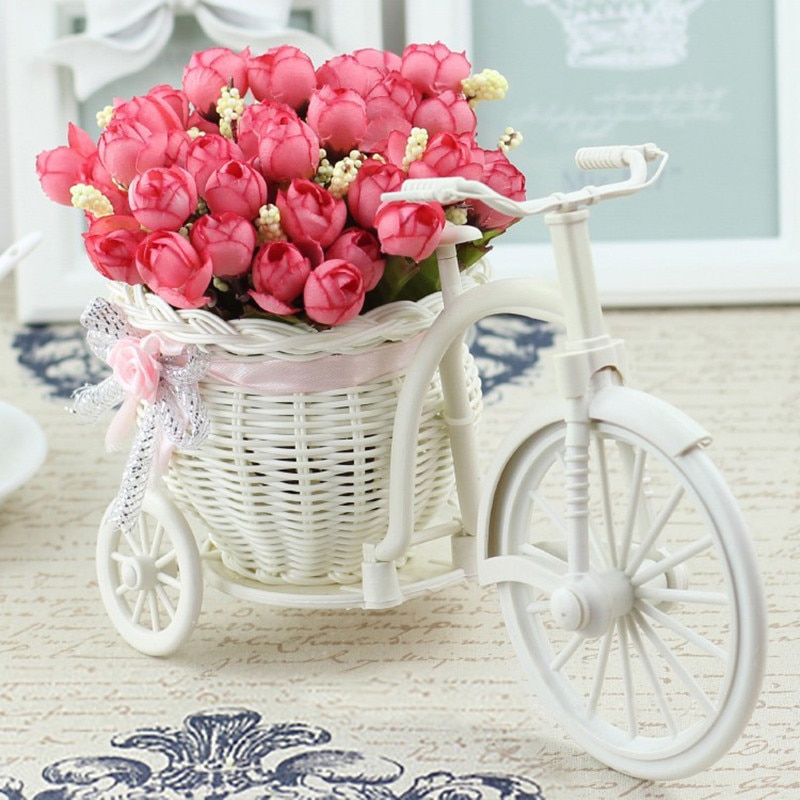 Rotting cykel vas med siden blommor färgglada mini ros blomma bukett tusensköna konstgjorda blommor för hem bröllop dekoration