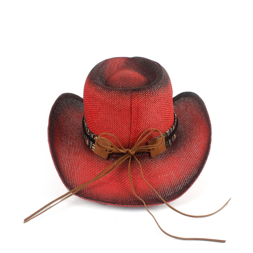Kvinder mænd strå hul western cowboy hat dame rød bohemia kvast sombrero hombre beach cowgirl jazz solhat str. 58cm
