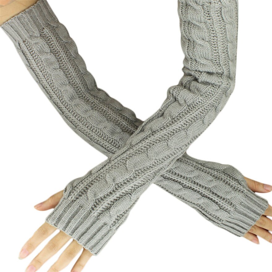 Kvindelige lange handsker uden fingre vinter håndled arm varmere strikket lange fingerløse handsker vante: Grå