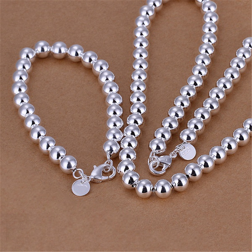 Fijne 8Mm Gebed Kralen 925 Stempel Zilver Kleur Armbanden Ketting Sieraden Set Voor Vrouwen Mode Meisje Student Party Bruiloft