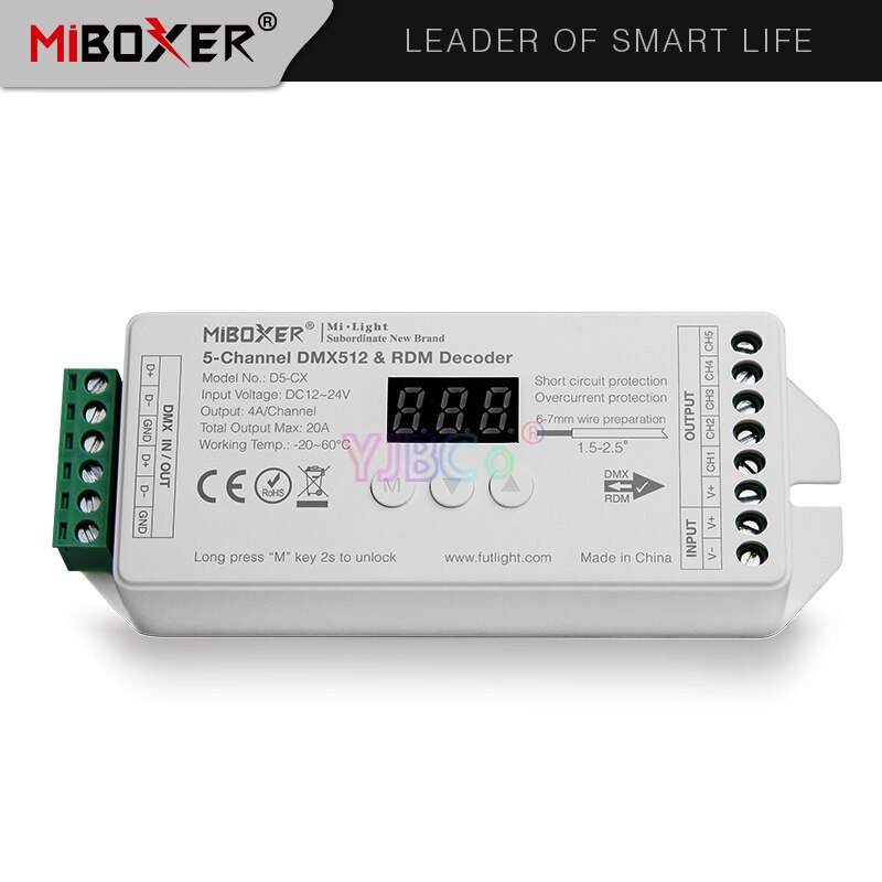 Miboxer D5-CX 5-Channel Constant Voltage DMX512 & RDM Decoder DC12~24V 5CH 4A/Channel Max. 20A Digital Display controller