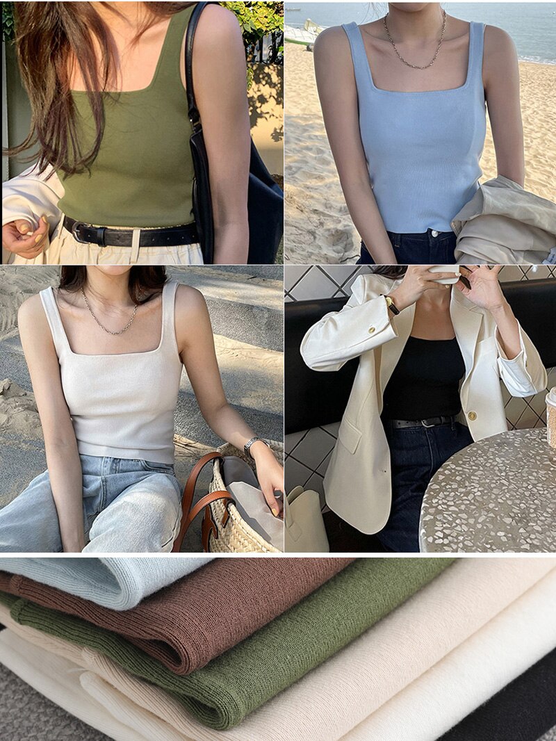 Hochwertiges, schickes Basic-T-Shirt mit U-Ausschnitt für Höhle Sommer, weiß gestricktes Damen-Tanktop, sexy ärmelloses T-Shirt, Jahrgang-oben, lässiges Ernte-oben-T-Shirt